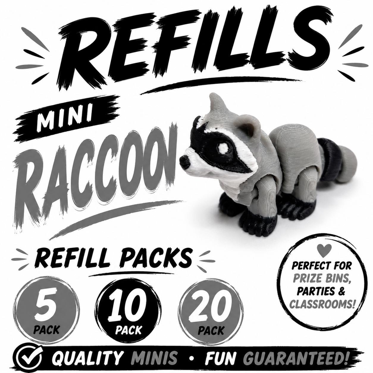Mini Racoon Refill Pack – 3D Printed Prize Bin Toys – Choose 5, 10 or 20 – Classroom Rewards, Party Favors, Treasure Box Fillers