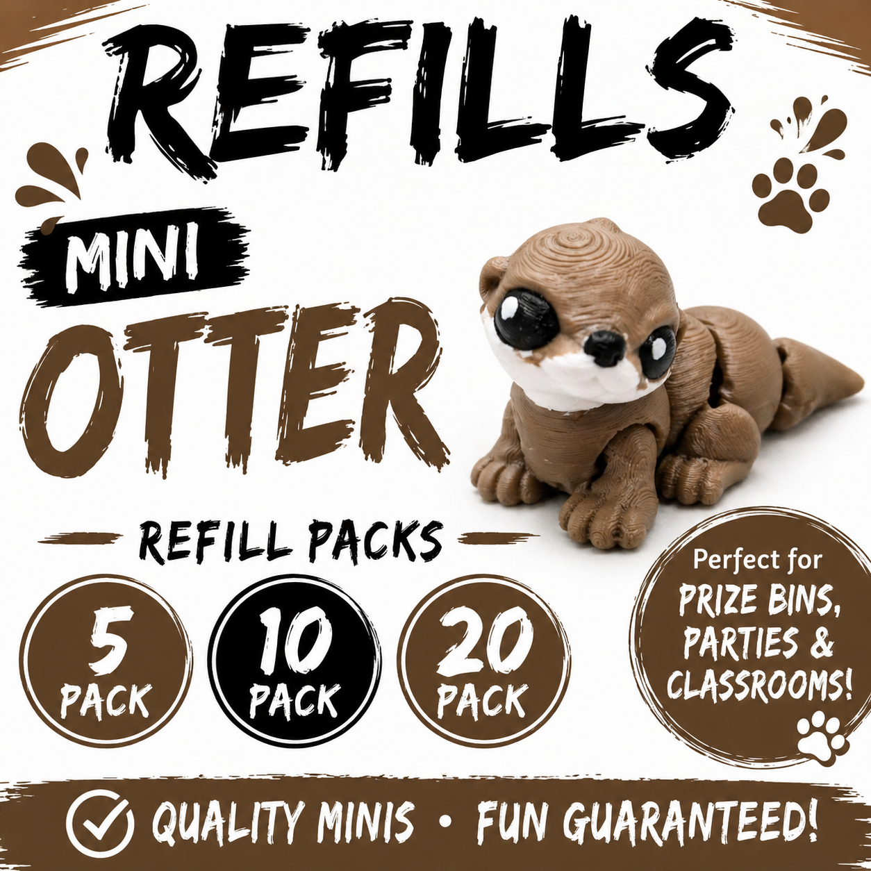 Mini Otter Refill Pack – 3D Printed Prize Bin Toys – Choose 5, 10 or 20 – Classroom Rewards, Party Favors, Treasure Box Fillers