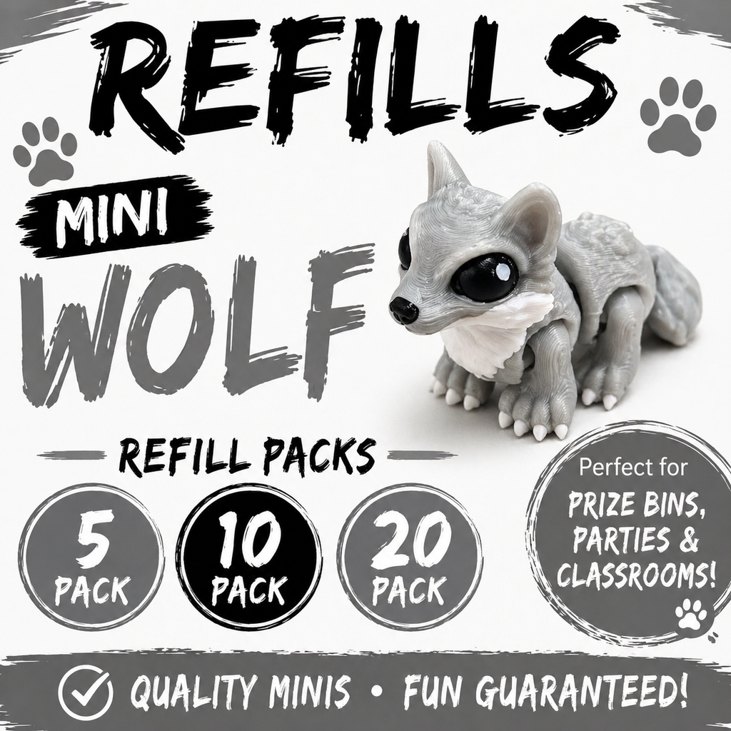 Mini Wolf Refill Pack – 3D Printed Prize Bin Toys – Choose 5, 10 or 20 – Classroom Rewards, Party Favors, Treasure Box Fillers