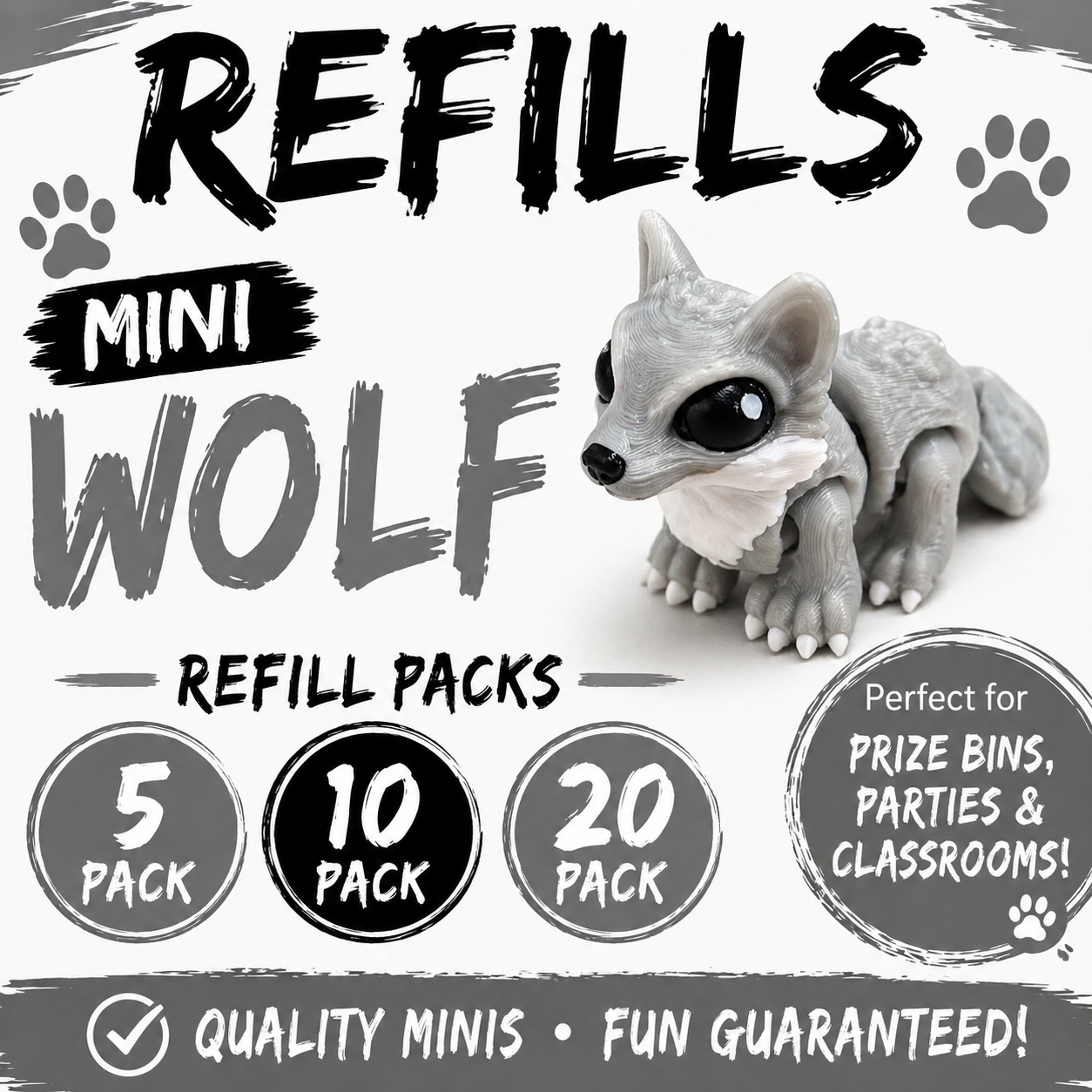 Mini Wolf Refill Pack – 3D Printed Prize Bin Toys – Choose 5, 10 or 20 – Classroom Rewards, Party Favors, Treasure Box Fillers