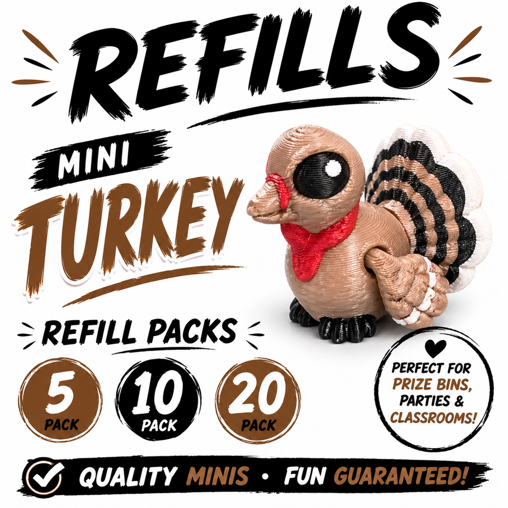 Mini Turkey Refill Pack – 3D Printed Prize Bin Toys – Choose 5, 10 or 20 – Classroom Rewards, Party Favors, Treasure Box Fillers