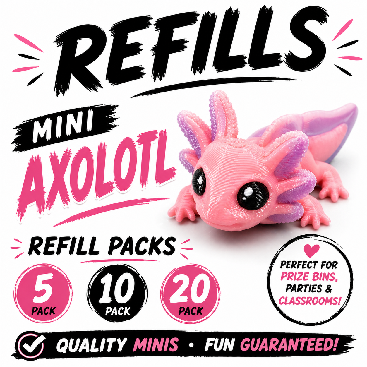 Mini Axolotl Refill Pack – 3D Printed Prize Bin Toys – Choose 5, 10 or 20 – Classroom Rewards, Party Favors, Treasure Box Fillers