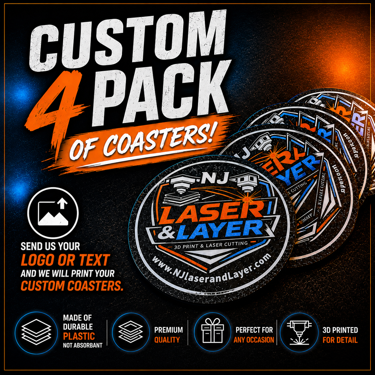 Custom Logo Coasters – Personalized 4 Pack | Business, Wedding, Gift & Company Branded Drink Coasters