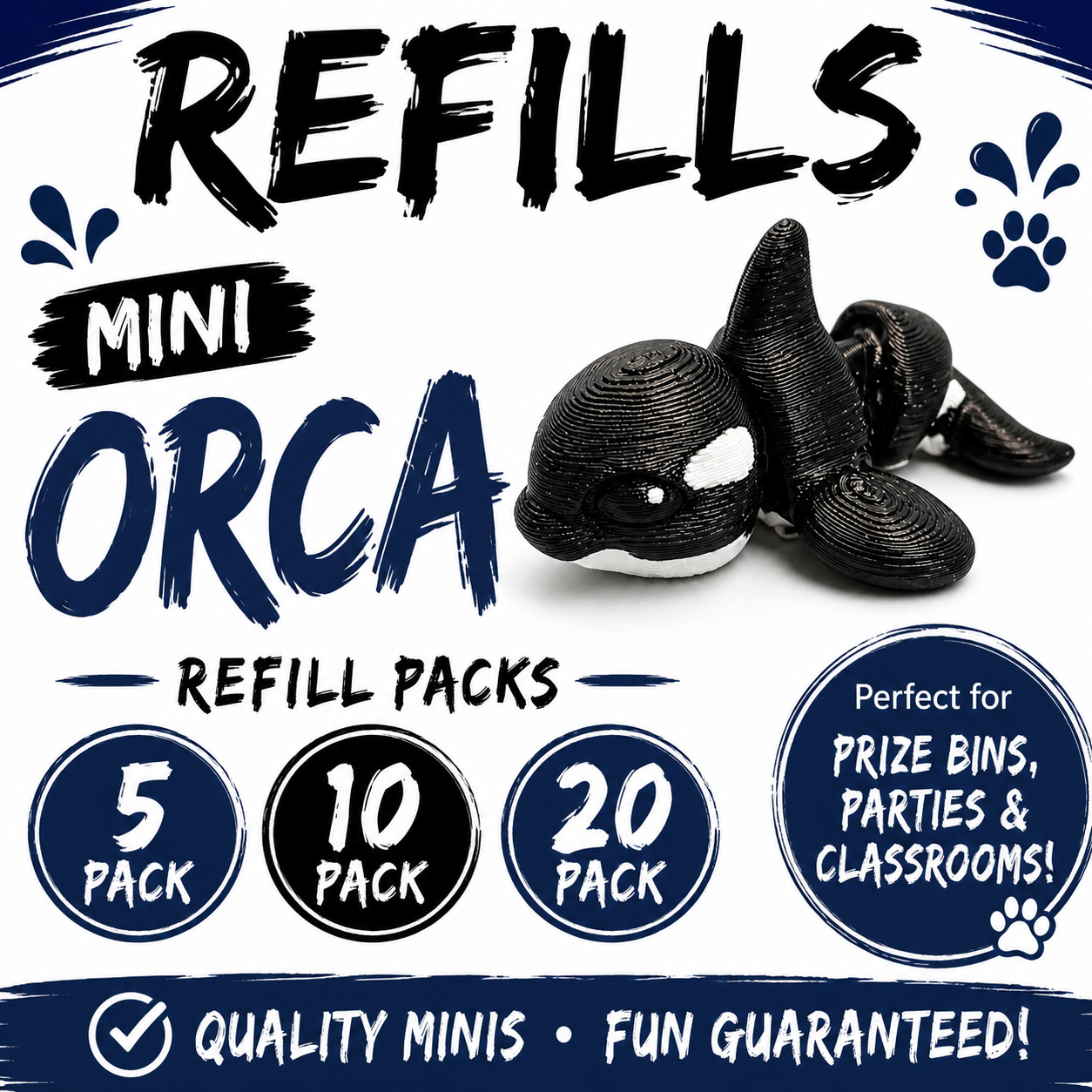 Mini Orca Refill Pack – 3D Printed Prize Bin Toys – Choose 5, 10 or 20 – Classroom Rewards, Party Favors, Treasure Box Fillers