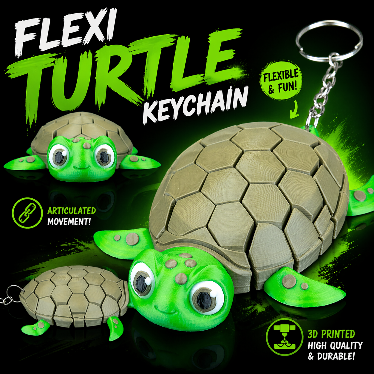 Flexi Turtle Keychain – Durable Articulated 3D Printed Charm