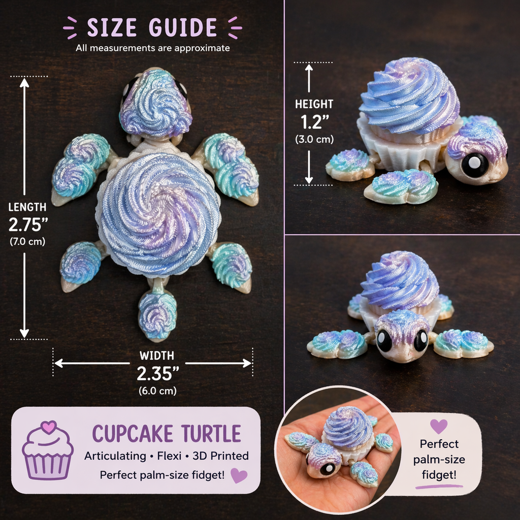 Sweet Swirl Cupcake Turtle – Articulated 3D Printed Fidget Toy