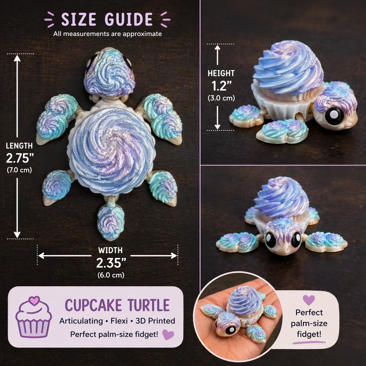 Sweet Swirl Cupcake Turtle – Articulated 3D Printed Fidget Toy