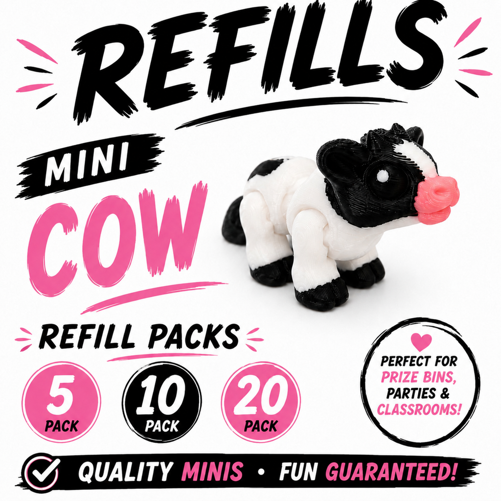 Mini Cow Refill Pack – 3D Printed Prize Bin Toys – Choose 5, 10 or 20 – Classroom Rewards, Party Favors, Treasure Box Fillers