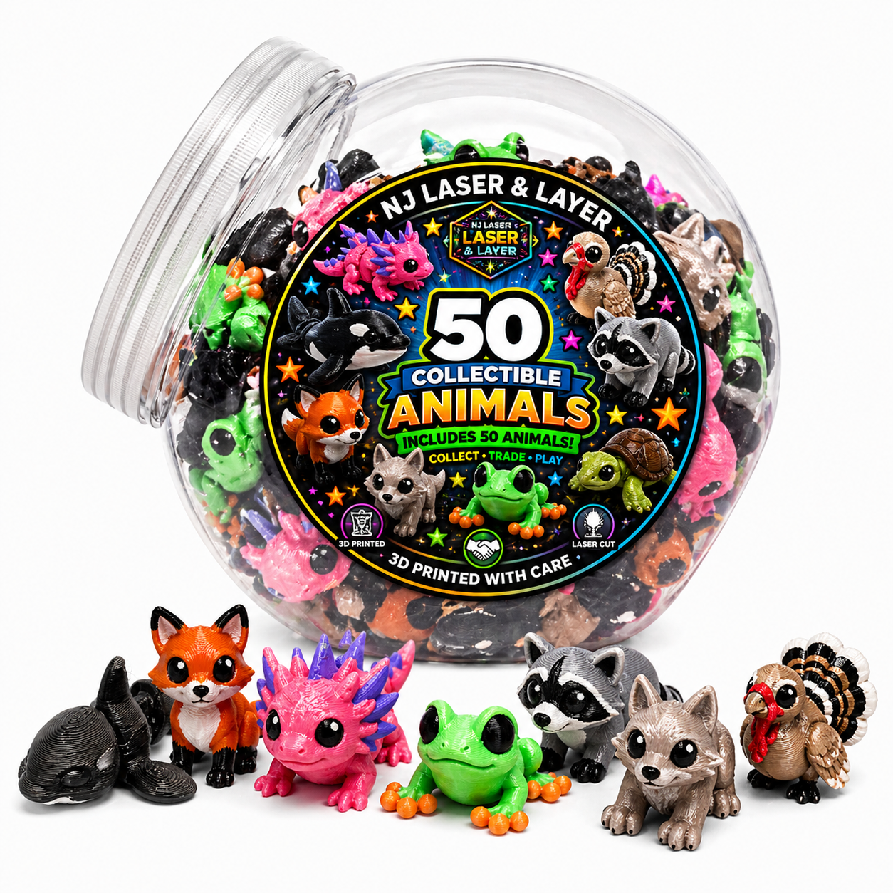 Custom 50 Pack 3D Printed Animals – Pick Your Own Mix – Classroom Prize Bin, Party Favors, Treasure Box Toys