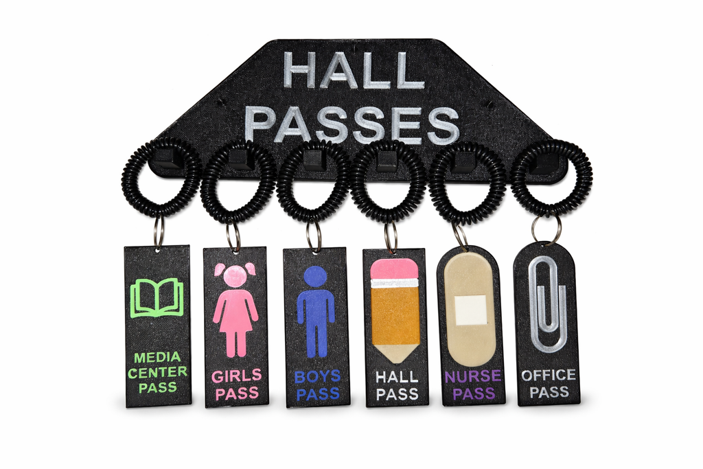 Classroom Hall Pass Kit – 6 Durable 3D Printed Passes with Wall Holder | Girls, Boys, Nurse, Office, Hall & Media Center | Teacher Classroom Organization