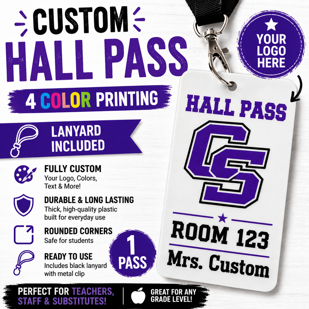 Custom Hall Pass | Personalized Teacher Pass with Lanyard | School Hall Pass | Classroom Pass | Custom School Logo | Full Color Printed