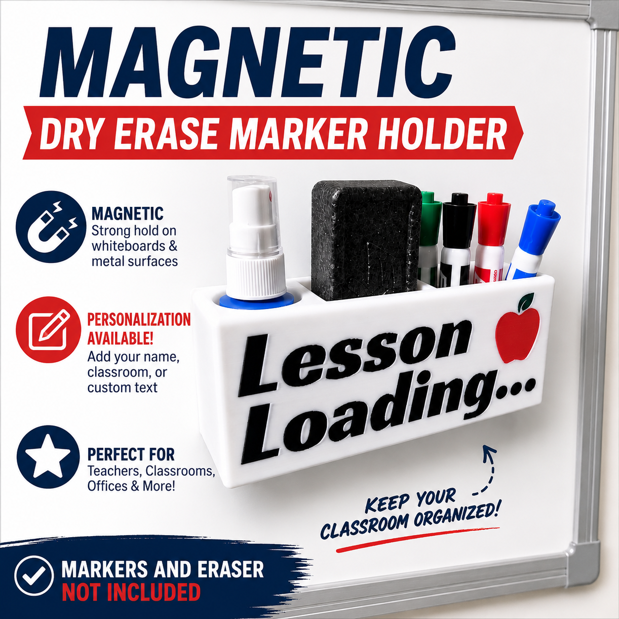 Personalized Magnetic EXPO Marker Holder for Teachers | Whiteboard Organizer with Eraser Slot | Classroom Dry Erase Storage
