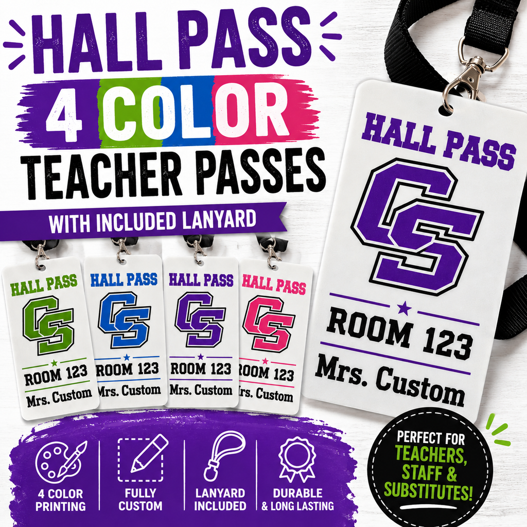 Custom Hall Pass | Personalized Teacher Pass with Lanyard | School Hall Pass | Classroom Pass | Custom School Logo | Full Color Printed