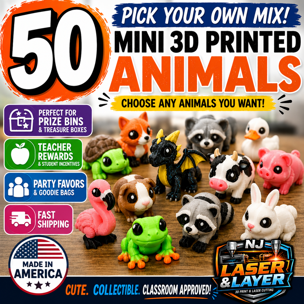 Custom 50 Pack 3D Printed Animals – Pick Your Own Mix – Classroom Prize Bin, Party Favors, Treasure Box Toys