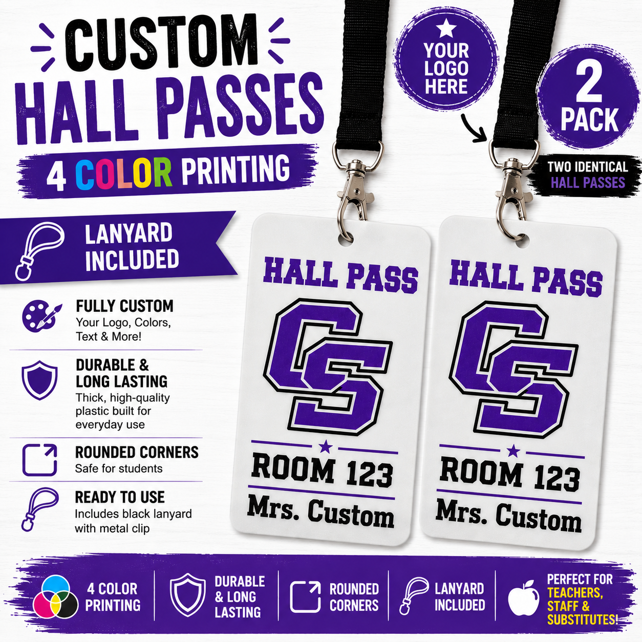 Custom Hall Pass | Personalized Teacher Pass with Lanyard | School Hall Pass | Classroom Pass | Custom School Logo | Full Color Printed