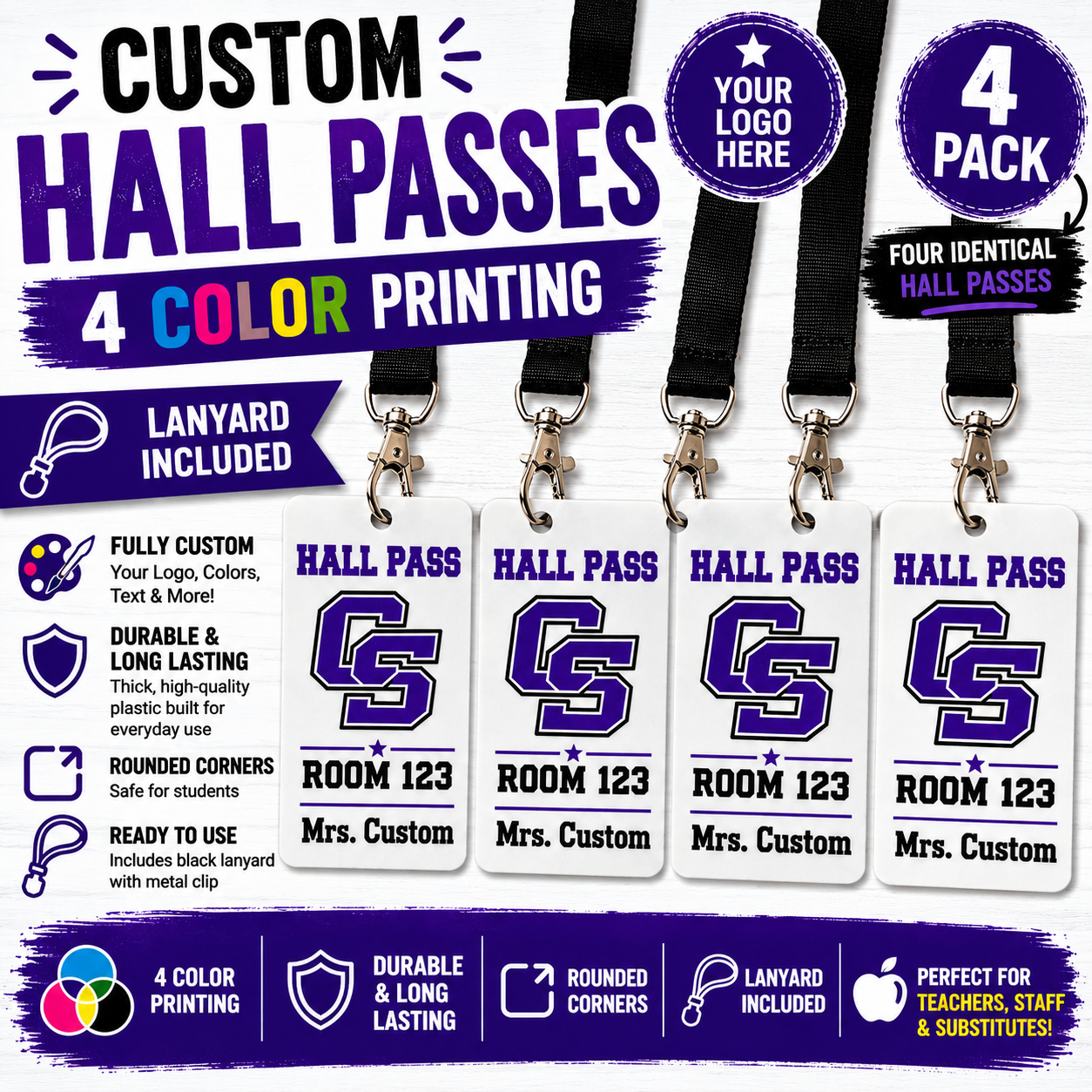 Custom Hall Pass | Personalized Teacher Pass with Lanyard | School Hall Pass | Classroom Pass | Custom School Logo | Full Color Printed